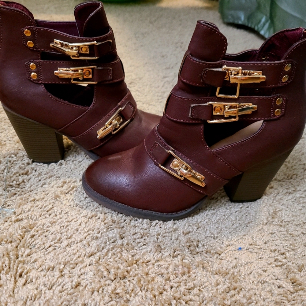 Burgundy ankle boots with buckles